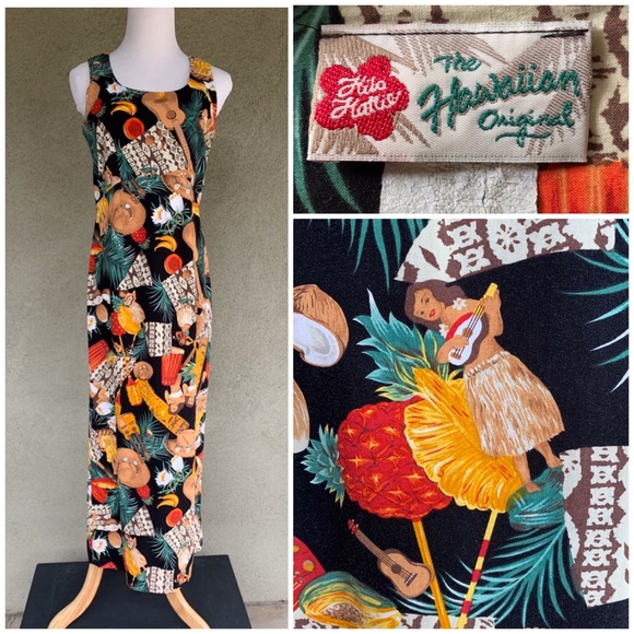 🌺 80s Hawaiian Rayon Dress Hula Tapa Ukulele Tiki - Picture 1 of 12